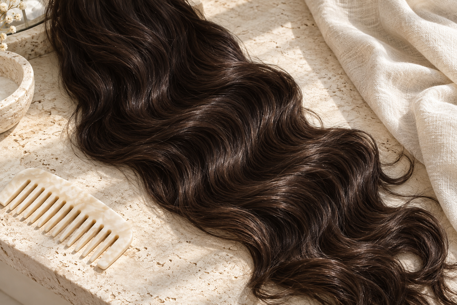 Glossy dark waves beside an ivory comb on a stone dressing table